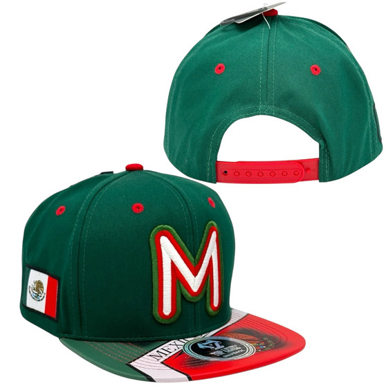 Mexico Top Level Green With Letter “M” Mexican Flag On Visor Flat Bill Adjustable Snapback Hat