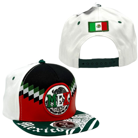 Mexico Top Level White/Red/Black With “Mex” Circle Patch Flat Bill Adjustable Snapback Hat