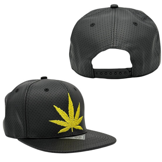 Marijuana Zion Black PU Leather With Gold Leaf Flat Bill Adjustable Snapback Hat