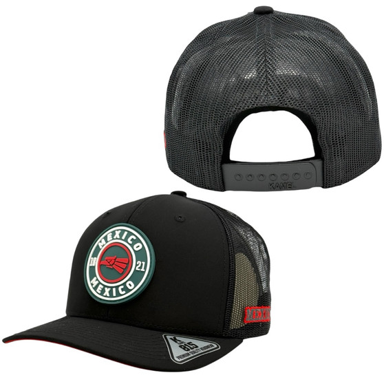 Mexico Kamel Black With 1821 Rubber Patch Pre-Curved Trucker Mesh Snapback Hat