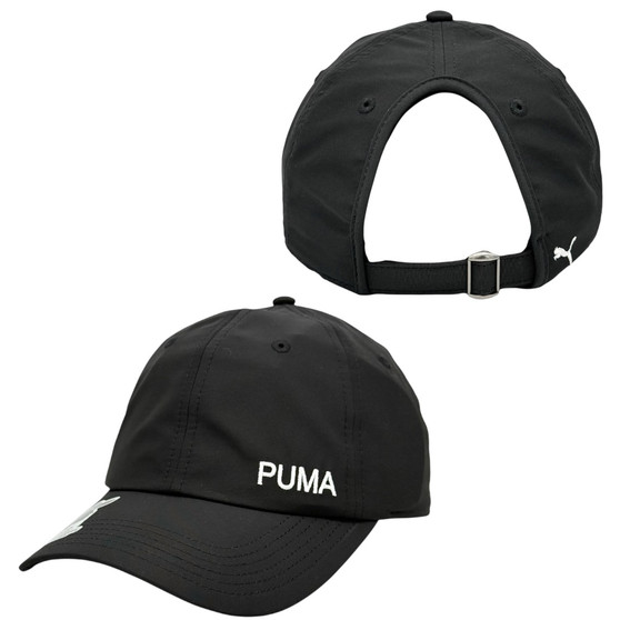 Puma Women’s Black With Small Word Logo On Side Unstructured Pony Tail Hole Adjustable Strap-Back Hat