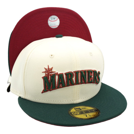 Seattle Mariners New Era No Side Patch Script Chrome White/Dark Green Bill With Scarlet Bottom 59FIFTY Fitted Hat