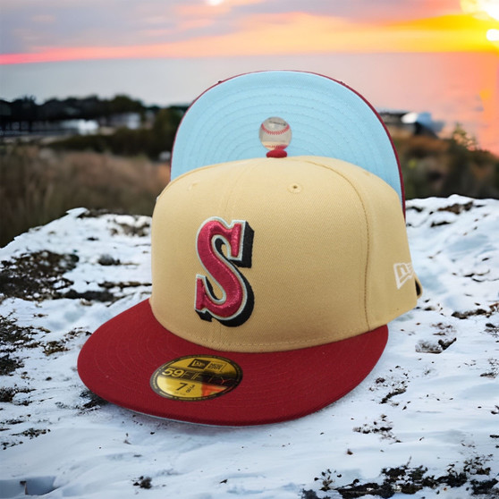 Seattle Mariners New Era Vegas No Patch Gold/ Cardinal Red Bill And Doscientos Blue Bottom 59FIFTY Fitted Hat