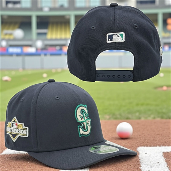 Seattle Mariners New Era Navy With 2025 Post Season Patch On Side 9SEVENTY Stretch Fit Snapback Hat