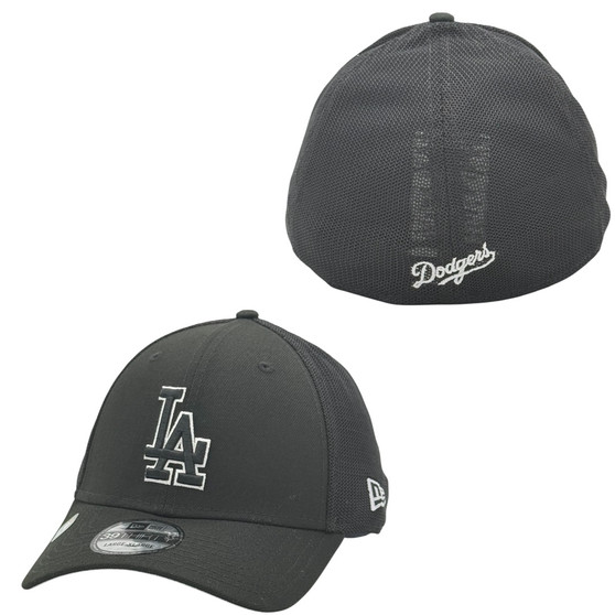 Los Angeles Dodgers New Era Black/Black Logo With White Outline 39THIRTY Trucker Mesh Stretch Fit Hat