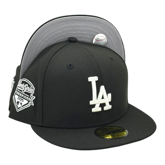 Los Angeles Dodgers New Era Black And White With 2025 World Series Champions Patch 59FIFTY Fitted Hat