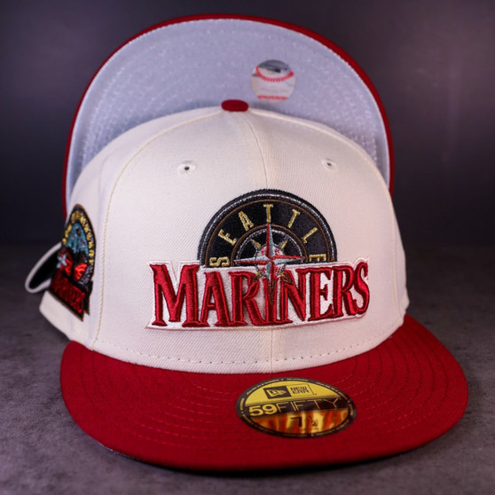 Seattle Mariners New Era Chrome White/Cardinal Burgundy Bill and Metallic Silver Bottom With 30th Anniversary Patch On Side 59FIFTY Fitted Hat