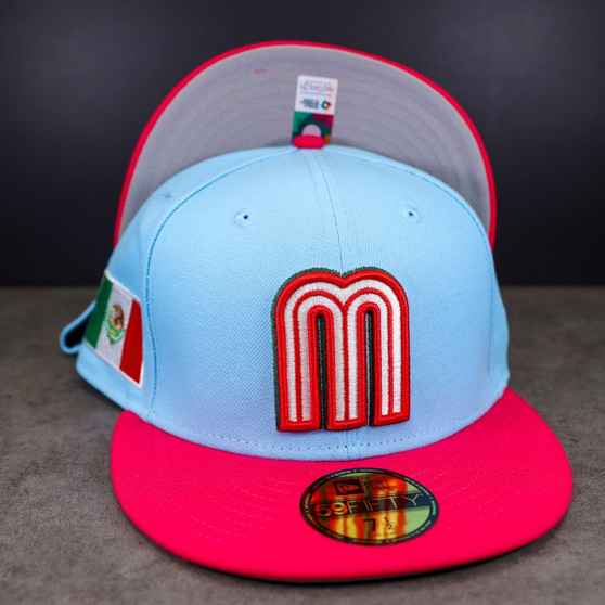 WBC Mexico New Era "Red M/Green Outline" Sky Blue/Bright Rose Bill And Gray Bottom With Mexico Patch On Side 59FIFTY Fitted Hat