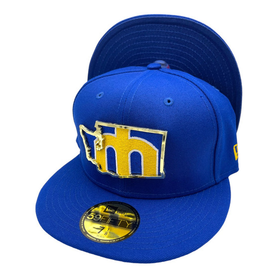 Seattle Mariners New Era All Royal Blue With Metal State Gold Badge And "M" Logo Inside 59FIFTY Fitted Hat