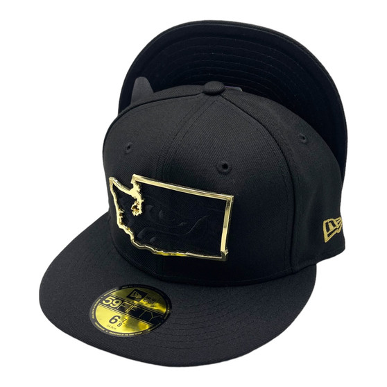 Seattle Seahawks New Era All Black With Metal State Gold Badge And Logo Inside 59FIFTY Fitted Hat
