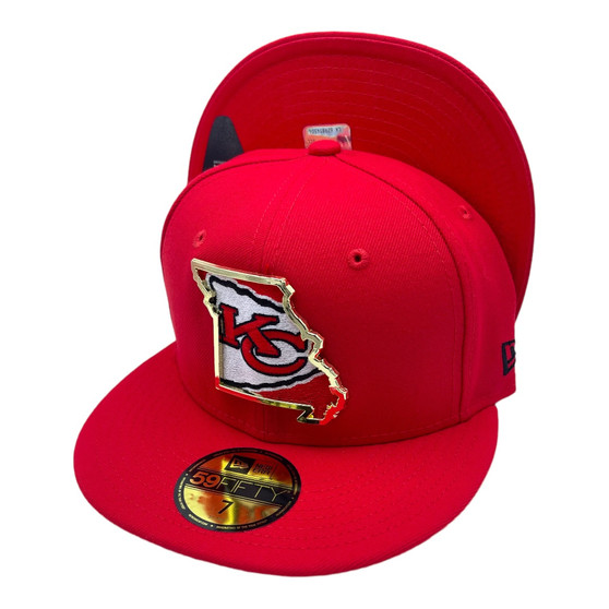 Kansas City Chiefs New Era All Red With Metal State Gold Badge And Logo Inside 59FIFTY Fitted Hat