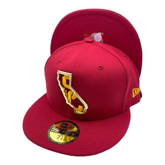 USC Trojans New Era All Cardinal Burgundy With Metal State Gold Badge And Logo Inside 59FIFTY Fitted Hat