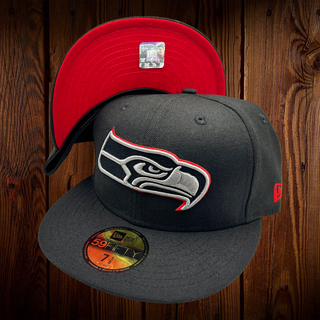 Seattle Seahawks New Era All Black With Dark Gray/Red Outline Around Seahawk 59FIFTY Fitted Hat