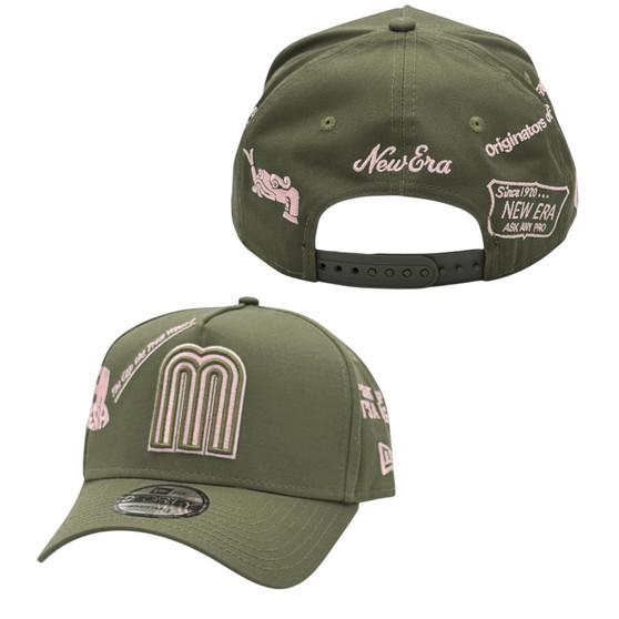 Mexico New Era Olive Green With Pink New Era Branded Logos All Over 9FORTY A-Frame Adjustable Snapback Hat