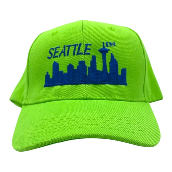 Seattle The City Women’s All Lime Green/Metallic Blue Pony Hole Pre-Curved Adjustable Velcro Back Hat