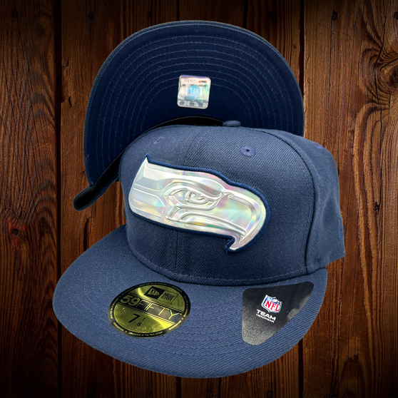 Seattle Seahawks New Era All Navy Hat With Shinny Rainbow Plastic Seahawk Logo 59FIFTY Fitted Hat