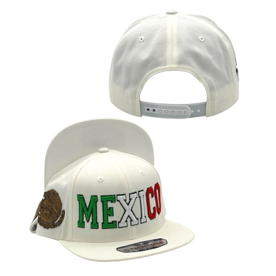 Mexico Hatstop All White Country Colors In Letters With Shield Patch Adjustable Snapback Hat