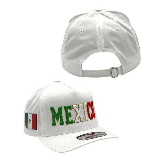 Mexico Hatstop White Country Colors In Letters With Flag Patch A-Frame Adjustable Strapback Hat