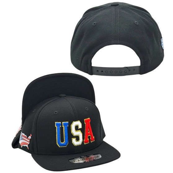 USA Hatstop All Black Country Colors In Letters With Flag Patch Adjustable Snapback Hat