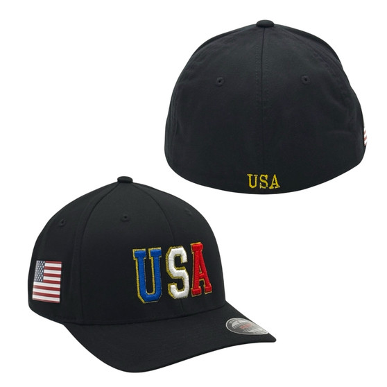 USA Hatstop All Black With Flag Colors In Letters With Country Patch Flex-Fit Hat