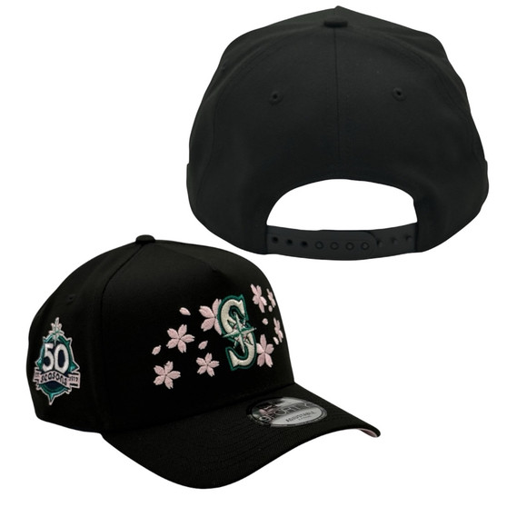Seattle Mariners New Era Cherry Blossom Black And Light Pink Bottom With 50th Anniversary Patch 9FORTY A-Frame Snapback Hat