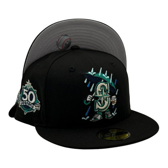 Seattle Mariners New Era "Cartoon" All Black/Light Gray Bottom With 50th Anniversary Patch 59FIFTY Fitted Hat
