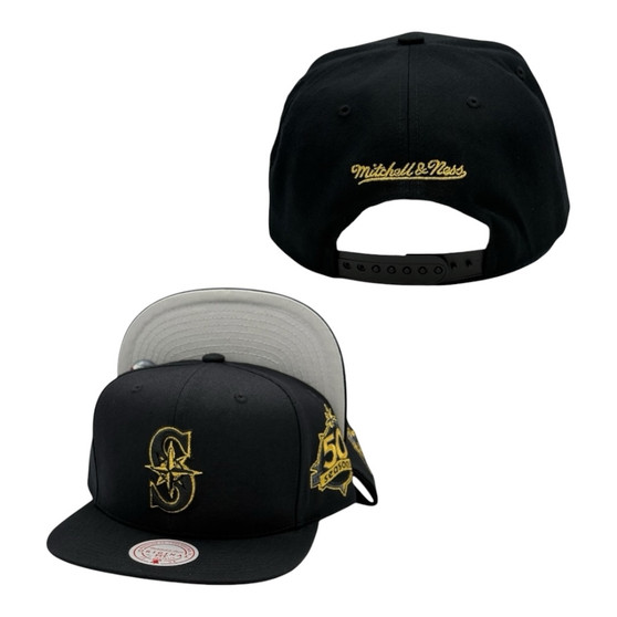 Seattle Mariners Mitchell & Ness Black With Metallic Gold Outline Adjustable Snapback Hat