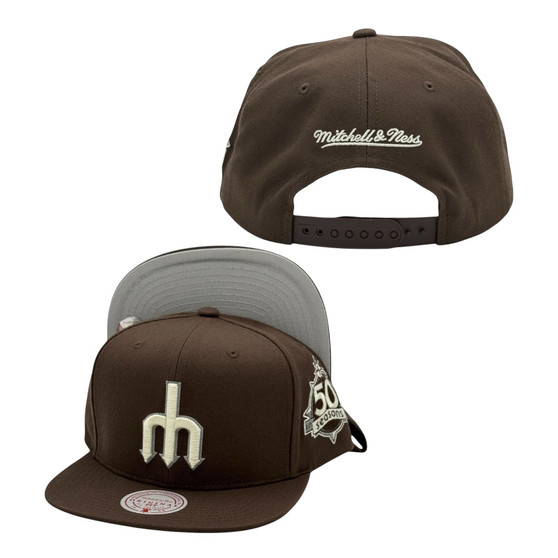 Seattle Mariners Mitchell & Ness Brown With Trident Logo And 50TH Season Patch Adjustable Snapback Hat