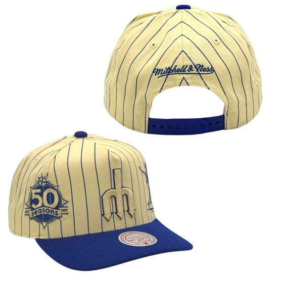 Seattle Mariners Mitchell & Ness Pinstripe Chrome White/Royal Blue A-Frame Adjustable Snapback Hat