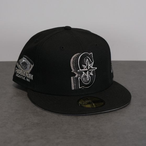 Seattle Mariners New Era "Scribble Fade" All Black/Light Gray Bottom With T-Mobile Park Patch 59FIFTY Fitted Hat