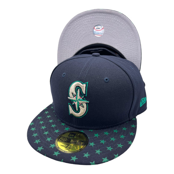 Seattle Mariners New Era All Navy With Teal Embossed Stars All Over Bill 59FIFTY Fitted Hat