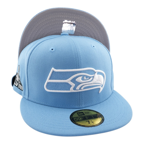 Seattle Seahawks New Era All Sky Blue With Super Bowl XLVIII Patch On Side 59FIFTY Fitted Hat