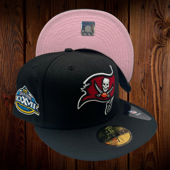 Tampa Bay Buccaneers New Era All Black/Pink Bottom With Primary Logo And Super Bowl XXXVII Patch On Side 59FIFTY Fitted Hat