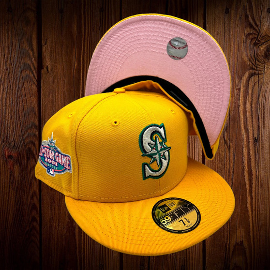 Seattle Mariners New Era All Gold/Pink Bottom With 2001 All Star Game Patch On Side 59FIFTY Fitted Hat Seattle Mariners New Era All Gold/Pink Bottom With 2001 All Star Game Patch On Side 59FIFTY Fitted Hat
