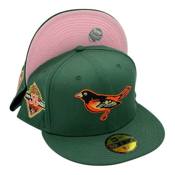 Baltimore Orioles New Era Dark Green/Pink Bottom With 50TH Anniversary Patch On Side 59FIFTY Fitted Hat