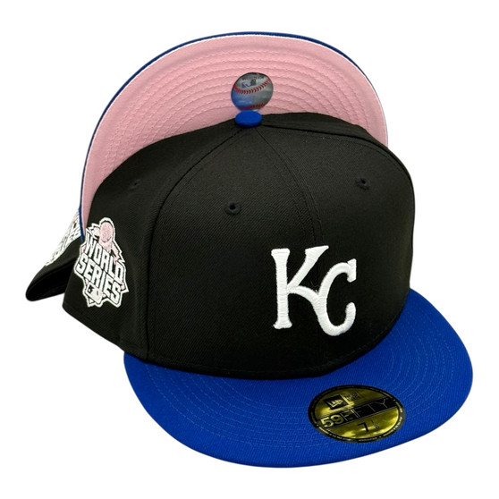 Kansas City Royals New Era Black/Royal Blue Bill With Pink Bottom And 2015 World Series Patch On Side 59FIFTY Fitted Hat