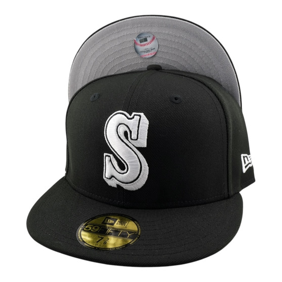 Seattle Mariners "S" New Era Black And White All Black And Gray Bottom 59FIFTY Fitted Hat