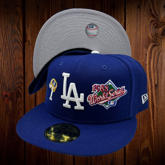 Los Angeles Dodgers New Era All Royal Blue/Gray Bottom With World Series Patches All Over 59FIFTY Fitted Hat