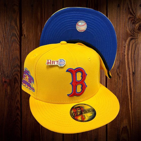 Boston Red Sox New Era All Yellow/Navy Royal Blue Bottom With 1903 World Series Patch On Side 59FIFTY Fitted Hat.
