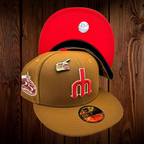 Seattle Mariners New Era PB&J Metallic Silver Outline Toasted Peanut/Front Door Red Bottom With 25TH Anniversary Patch On Side 59FIFTY Fitted Hat