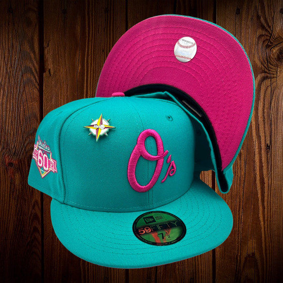 Baltimore Orioles New Era Teal/Hot Pink Bottom With 60TH Anniversary Patch On Side 59FIFTY Fitted Hat