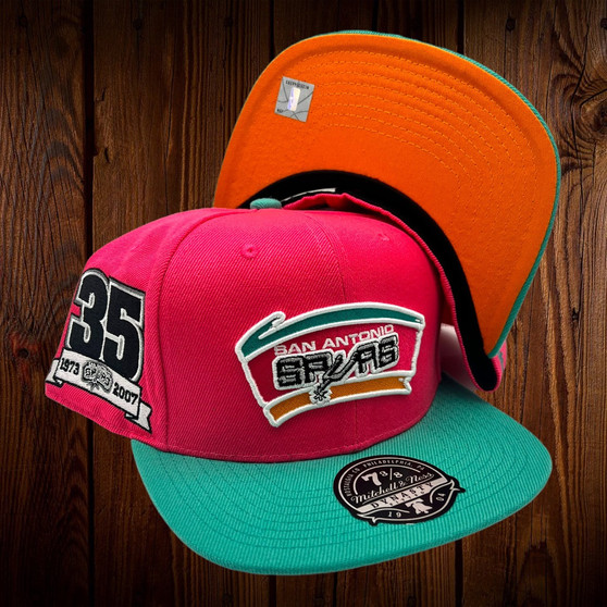San Antonio Spurs Mitchell & Ness Hot Pink/Teal Bill and Orange Bottom With 35th Anniversary Fitted Hat