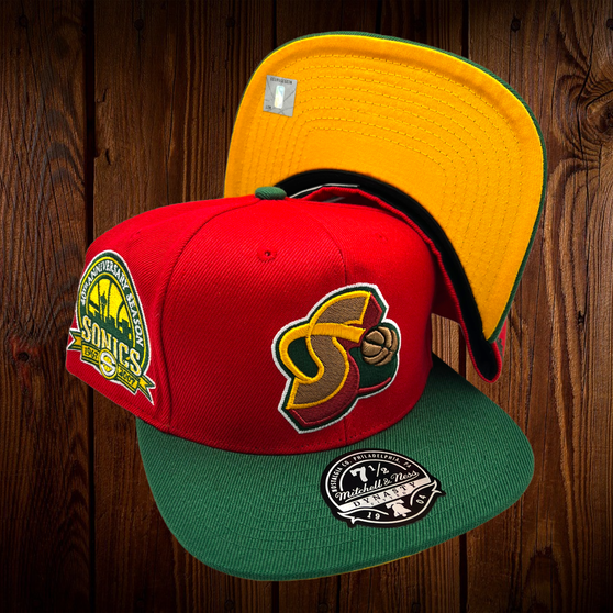 Seattle Supersonics Mitchell & Ness Red/Dark Green And Gold Bottom With 40th Anniversary Fitted Hat