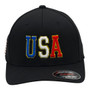 USA Hatstop All Black With Flag Colors In Letters With Country Patch Flex-Fit Hat
