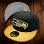 Seattle Seahawks New Era All Black With Gold Satin Bill And Metallic Gold Seahawk 59FIFTY Fitted Hat