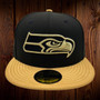 Seattle Seahawks New Era All Black With Gold Satin Bill And Metallic Gold Seahawk 59FIFTY Fitted Hat