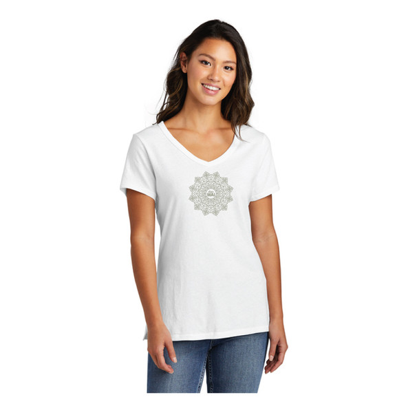 Ladies Metallic Silver Washed White V-neck Tee