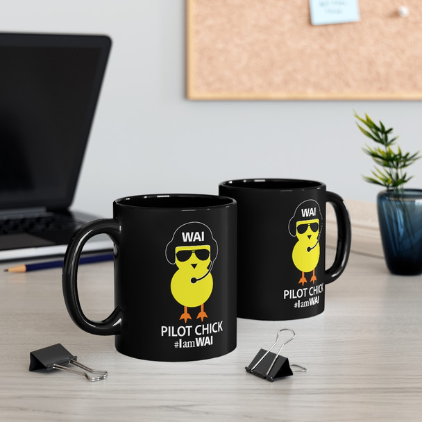 Black 11oz. "Pilot Chick" C-Handle Ceramic Mug