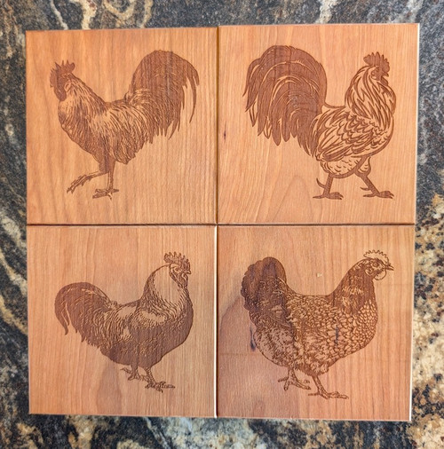 TRIVET HOT PLATE HARDWOOD ENGRAVED CHICKENS