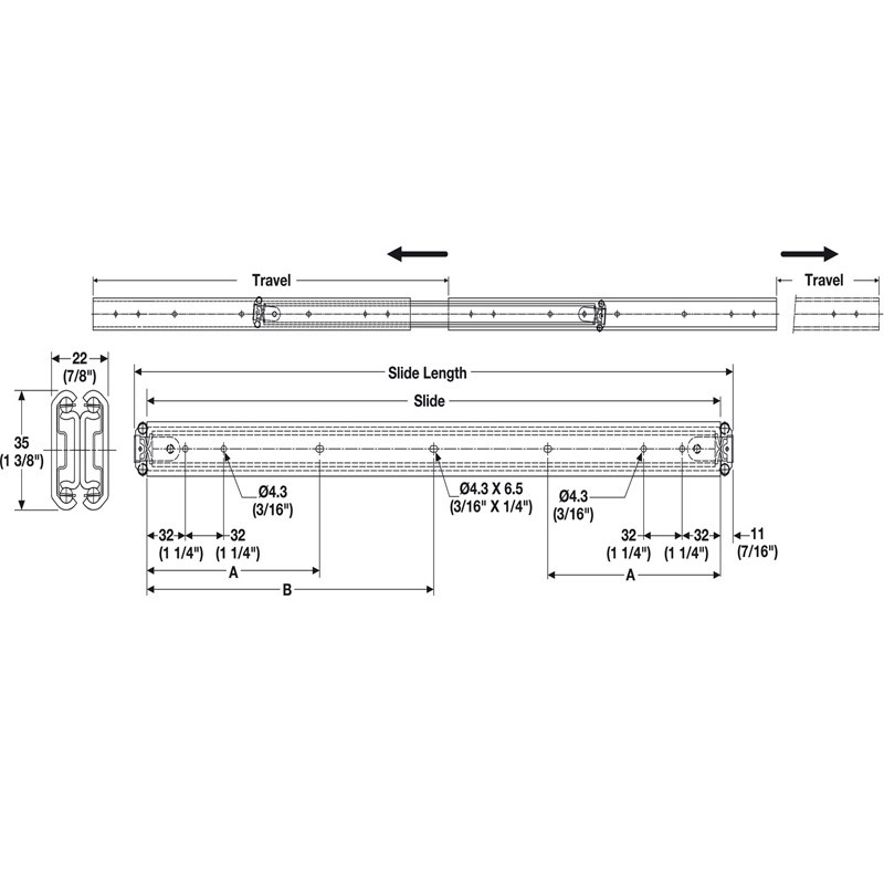 20 In. Two-Way Full Extension Travel Single Drawer Slide, 100 Lb